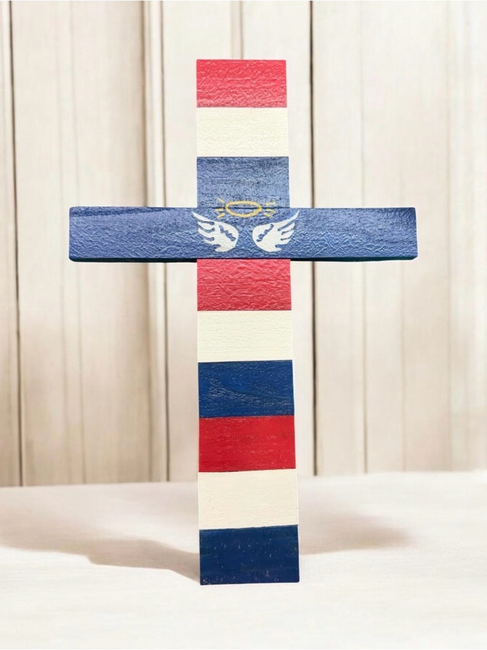 Handcrafted By Me! Angel Wings Patriotic Cedar Wooden Cross - Red, White & Blue